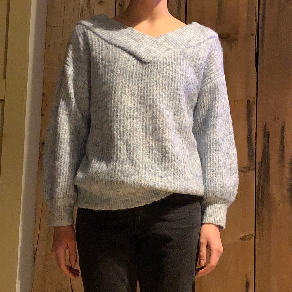 Light Blue Cashmere Off the Shoulder Sweater